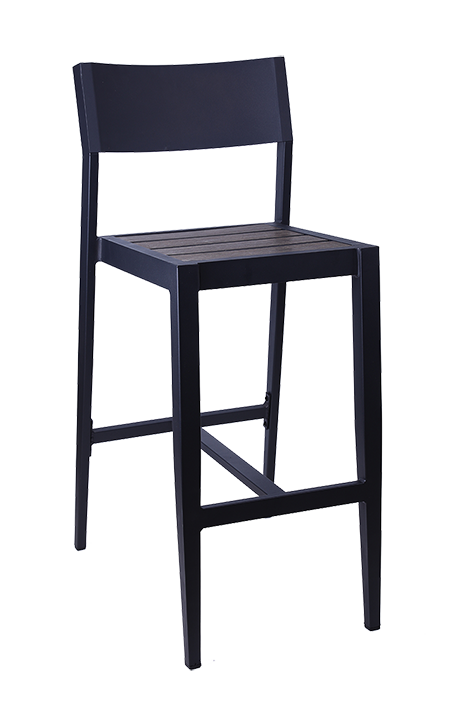 Aluminum Barstool with Imitation Teak Slats Seat in Dark Brown for Outdoor Use