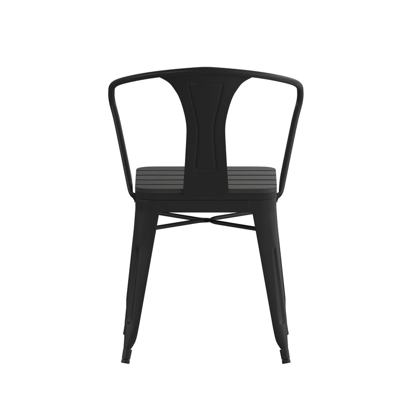 Helvey Commercial Indoor/Outdoor Black Stacking Arm Chair with Vertical Slat Back and Poly Resin Slatted Seat, Set of 2