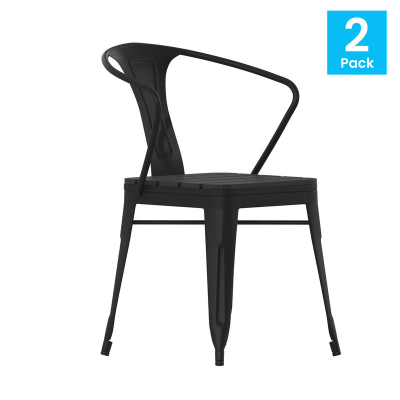 Helvey Commercial Indoor/Outdoor Black Stacking Arm Chair with Vertical Slat Back and Poly Resin Slatted Seat, Set of 2