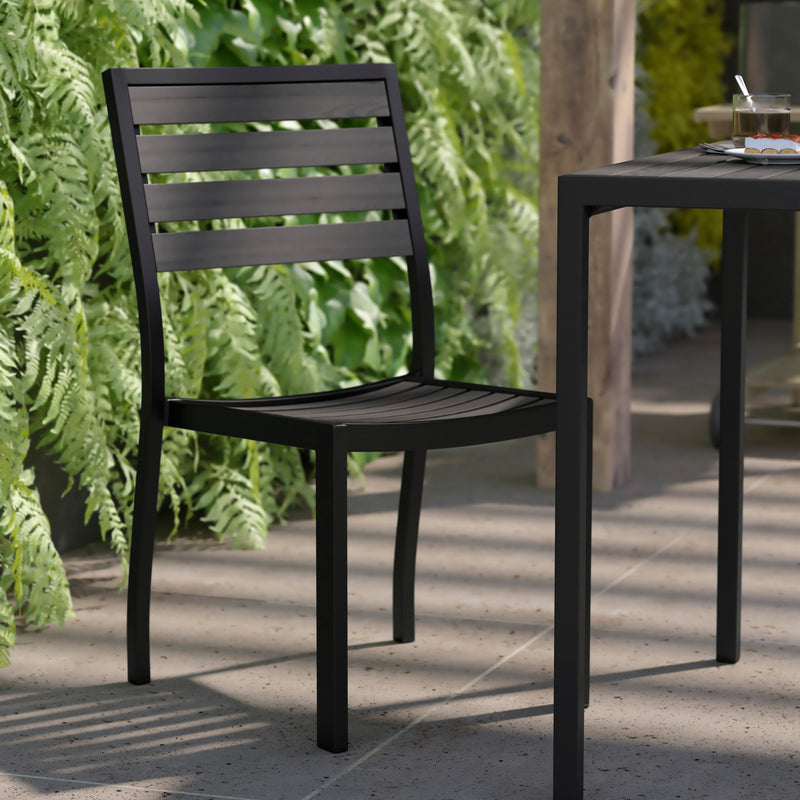 Lark Outdoor Stackable Side Chair with Gray Wash Faux Teak Poly Slats, Set of 2