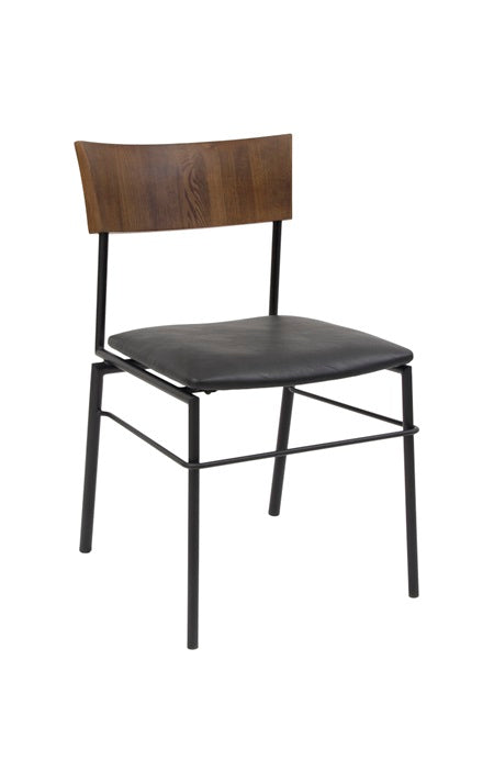 Indoor Metal Chair with Walnut Elmwood Back & Black Vinyl Seat