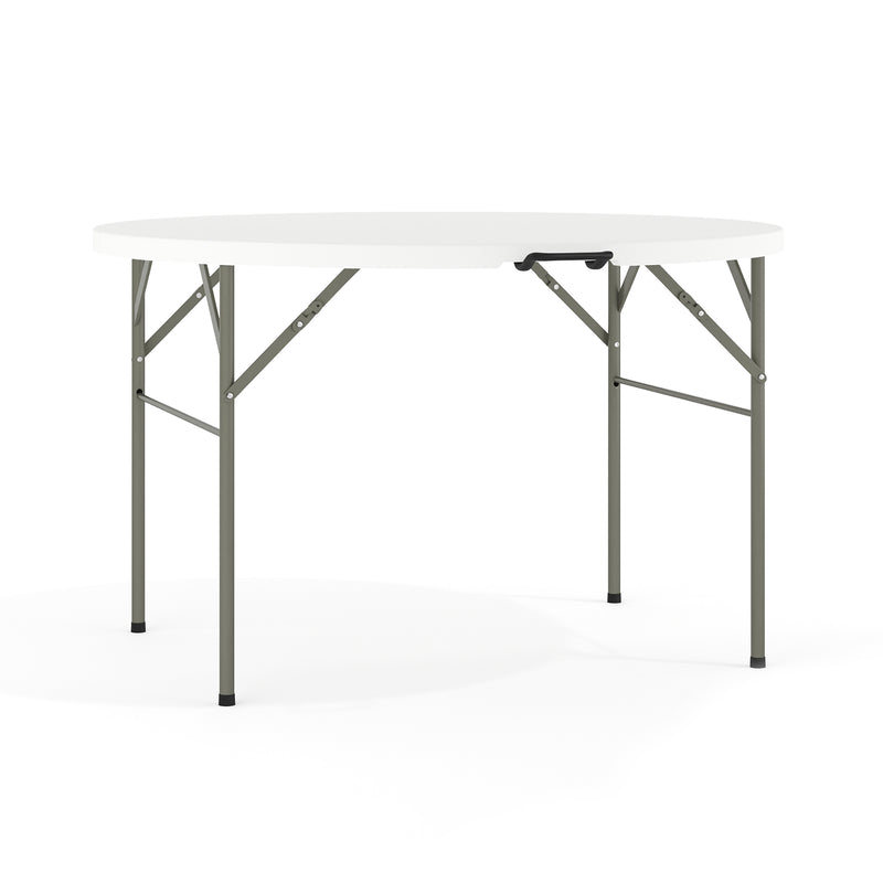 Freeman 4-Foot Round Bi-Fold Granite White Plastic Banquet and Event Folding Table with Carrying Handle