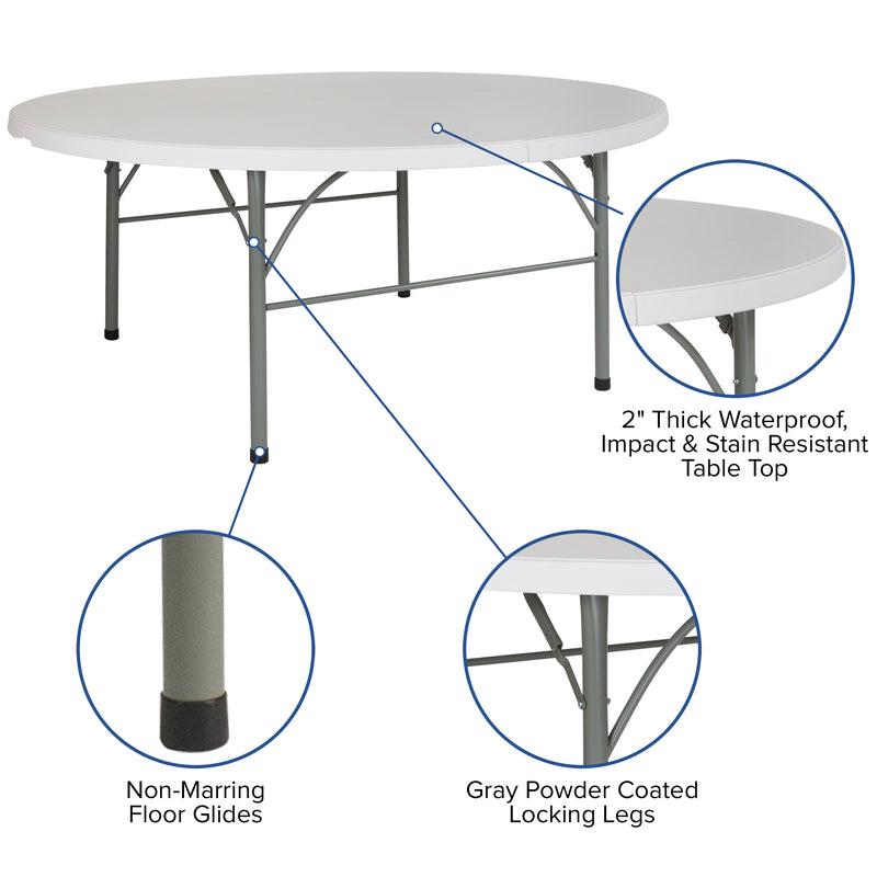 Stonewall 6-Foot Round Bi-Fold Granite White Plastic Banquet and Event Folding Table with Carrying Handle