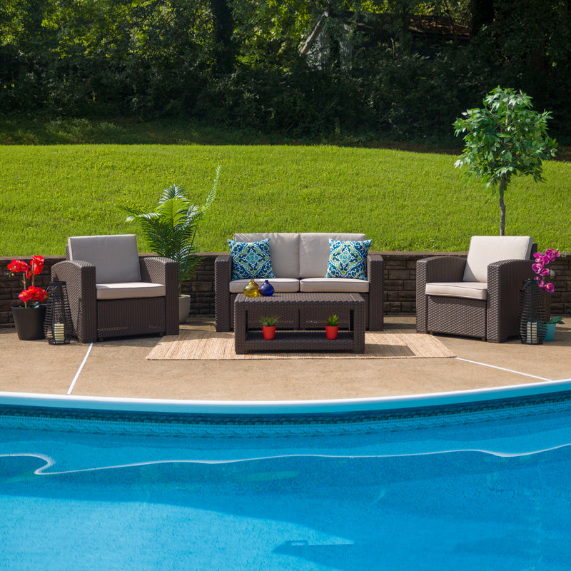 Seneca 4 Piece Outdoor Faux Rattan Chair, Loveseat and Table Set in Seneca Chocolate Brown