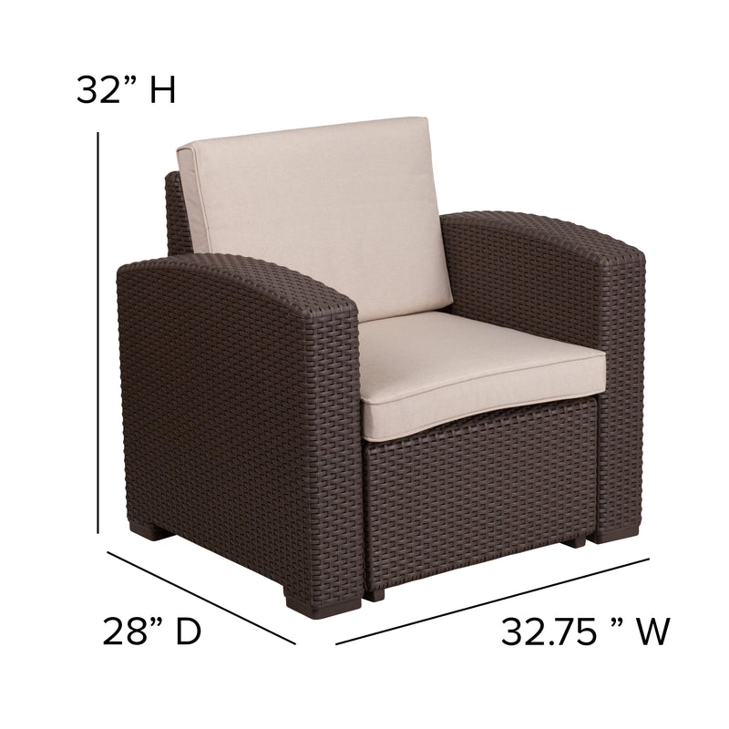 Seneca 5 Piece Outdoor Faux Rattan Chair, Sofa and Table Set in Seneca Chocolate Brown