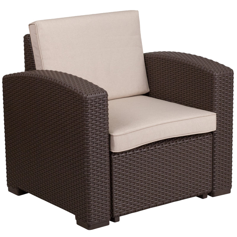 Seneca 5 Piece Outdoor Faux Rattan Chair, Sofa and Table Set in Seneca Chocolate Brown