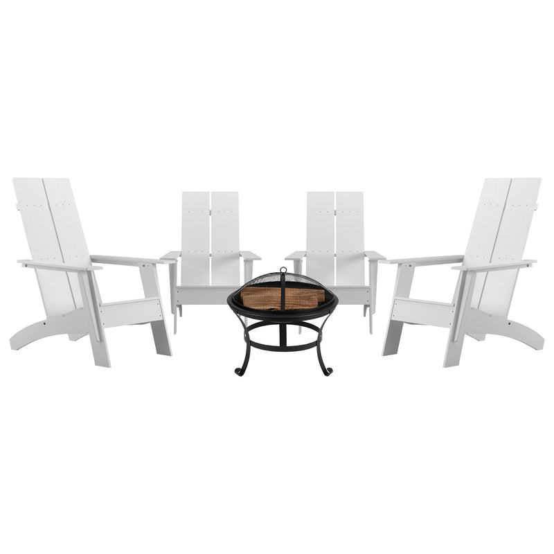 Sawyer Set of 4 White Modern Sawyer Commercial All-Weather 2-Slat Poly Resin Adirondack Chairs with 22" Round Wood Burning Fire Pit