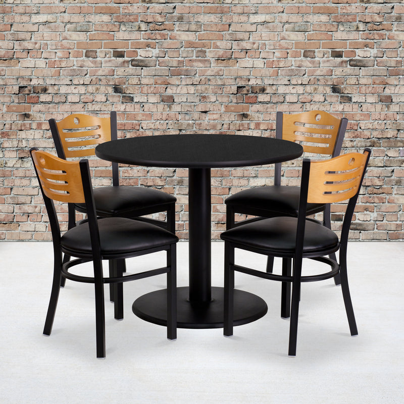 Clark 36'' Round Black Laminate Table Set with 4 Wood Slat Back Metal Barstools - Natural Wood Seat