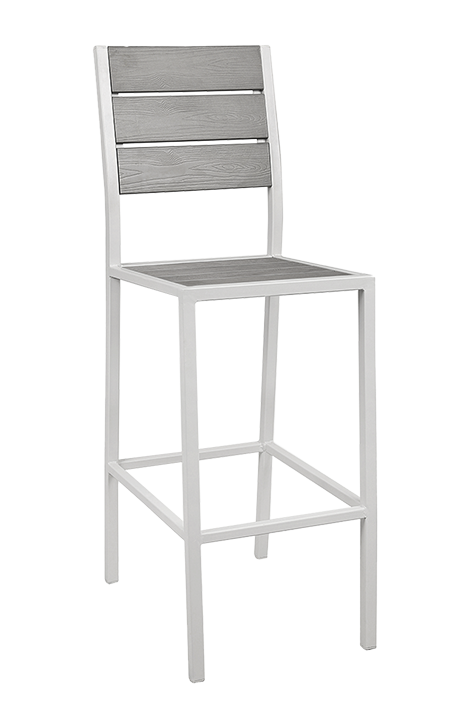 White Steel Barstool with Horizontal Imitation Teak Horizontal Slat Back & Seat in Light Grey