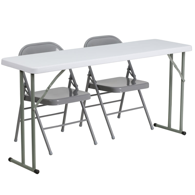 Kathryn 5-Foot Plastic Folding Training Table Set with 2 Gray Metal Folding Chairs