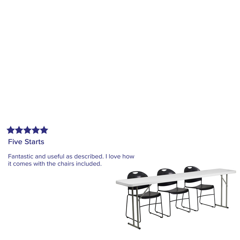 Kathryn 8-Foot Plastic Folding Training Table Set with 3 Black Plastic Stack Chairs