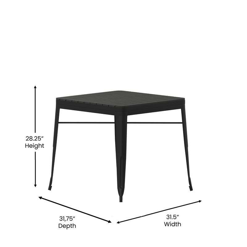 Helvey 31.5" Square Commercial Grade Indoor/Outdoor Black Steel Patio Dining Table for 4 with Black Poly Resin Slatted Top