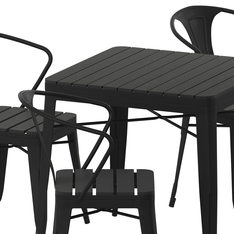 Helvey 31.5" Square Commercial Grade Indoor/Outdoor Black Steel Patio Dining Table for 4 with Black Poly Resin Slatted Top