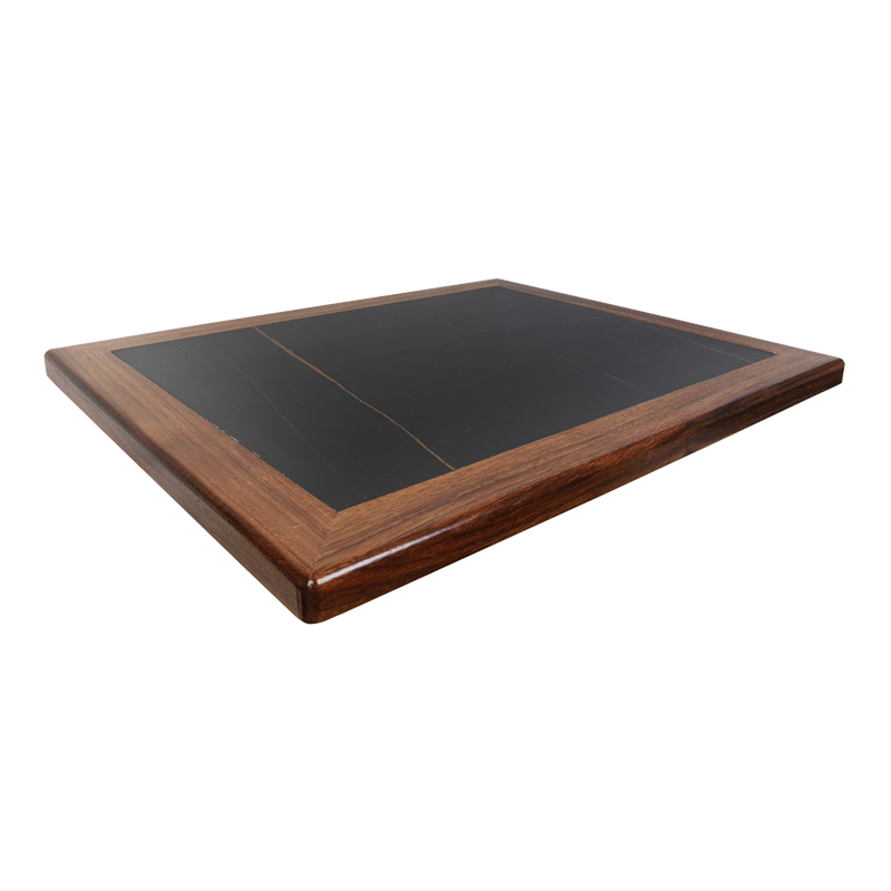 Black Sintered Stone Table Top w/ Walnut Wood Edge in Dark Walnut Color for Indoor Use, 1 1/4" Thick