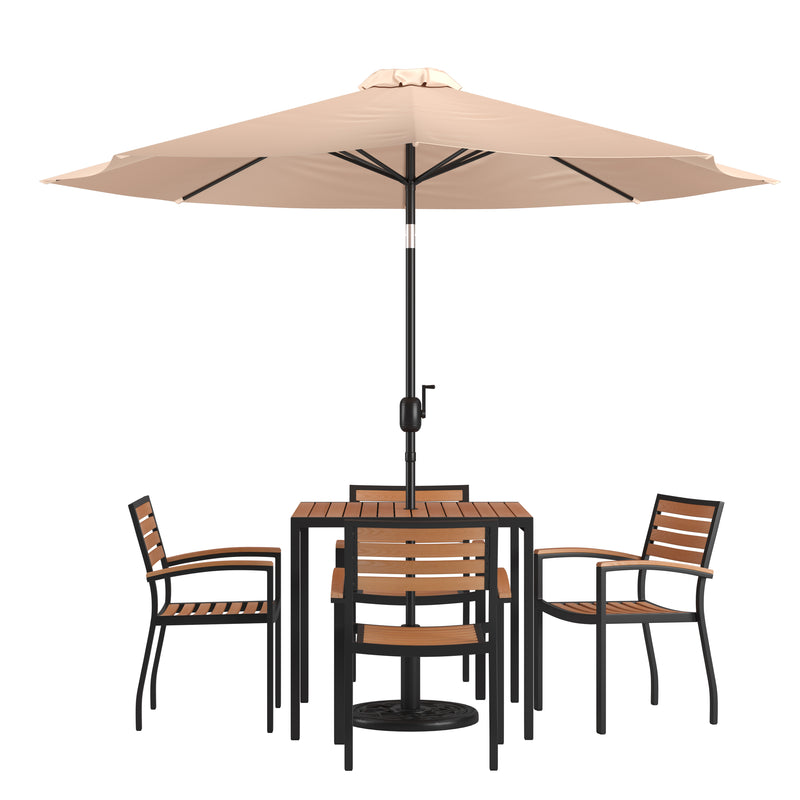 Lark 3 Piece Patio Table Set - Synthetic Teak Poly Slats - 35" Square Steel Framed Table with 2 Stackable Faux Teak Chairs