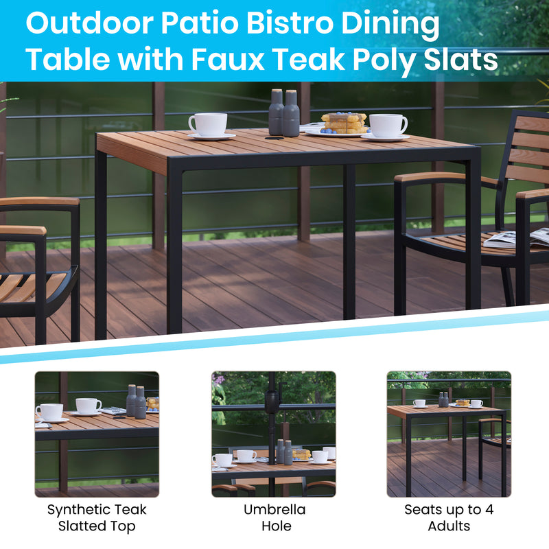 Lark 3 Piece Patio Table Set - Synthetic Teak Poly Slats - 35" Square Steel Framed Table with 2 Stackable Faux Teak Chairs