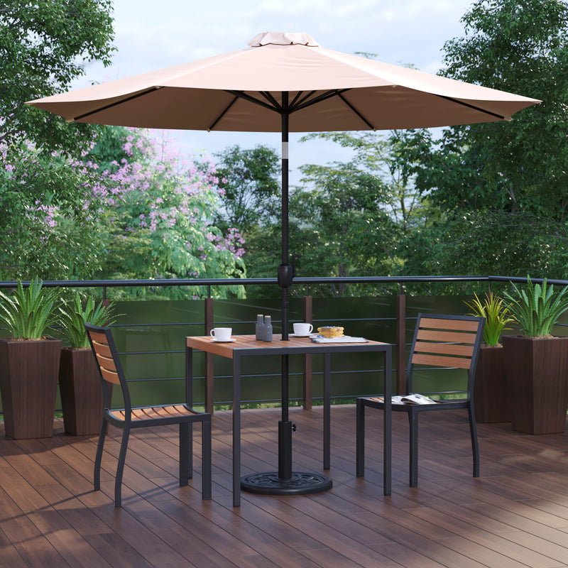 Lark 5 Piece Patio Table Set - Synthetic Teak Poly Slats - 35" Square Steel Framed Table with 4 Stackable Faux Teak Chairs
