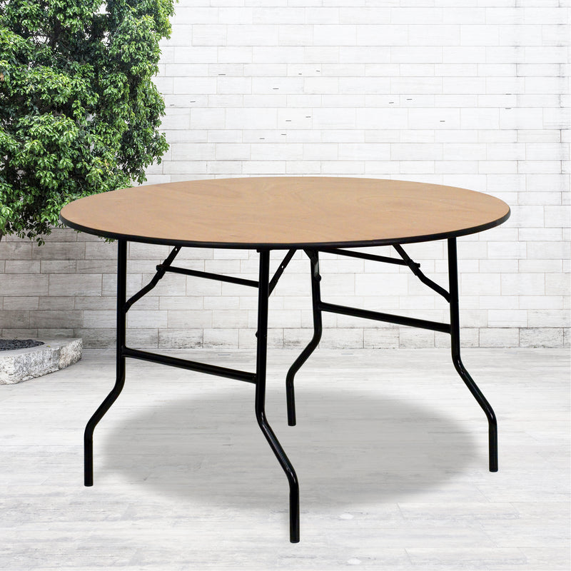 Furman 4-Foot Round Wood Folding Banquet Table with Clear Coated Finished Top