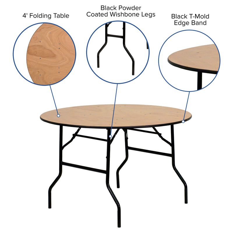 Furman 4-Foot Round Wood Folding Banquet Table with Clear Coated Finished Top