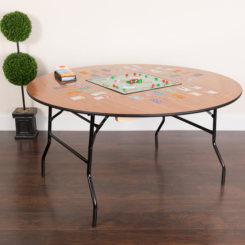 Furman 5-Foot Round Wood Folding Banquet Table with Clear Coated Finished Top