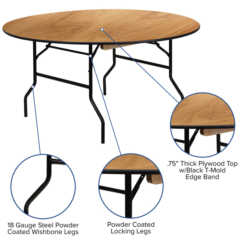 Furman 5-Foot Round Wood Folding Banquet Table with Clear Coated Finished Top