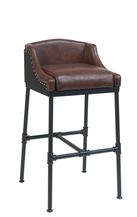 Black Powder Coated Metal Bar stool with Brown Color Vinyl Seat & Back, Industrial Pipe Fitting Design, Pipe Footrest, 30 Lb