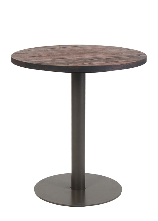 27.5” Round Indoor Steel Table with Walnut Color Elm Wood Top, Steel Legs in Dark Gun Color Coating