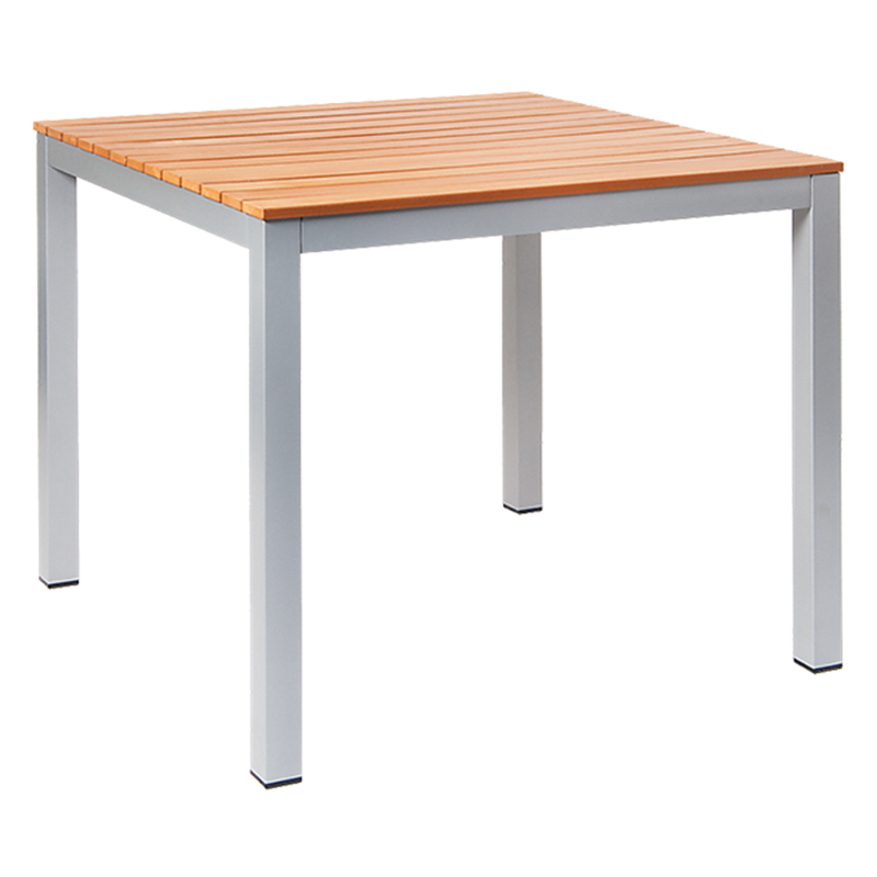 36" x 36" Outdoor Aluminum Restaurant Table in Silver Finish, Imitation Teak Slats Top - Moda Seating Corp