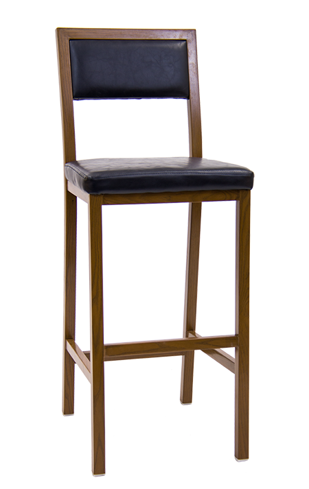Indoor Metal Bar Stool in Walnut Finish with Black Vinyl Seat and Back