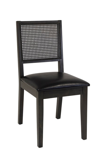 Indoor Black Rubber Wood Chair with Vinyl Seat and Faux Cane Back