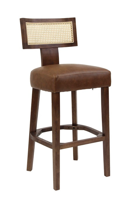 Indoor Rubberwood Barstool with Woven Cane Back and Rich Brown Cushioned Vinyl Seat