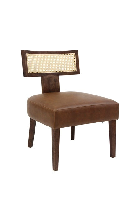 Indoor Rubberwood Chair with Woven Cane Back and Rich Brown Cushioned Vinyl Seat