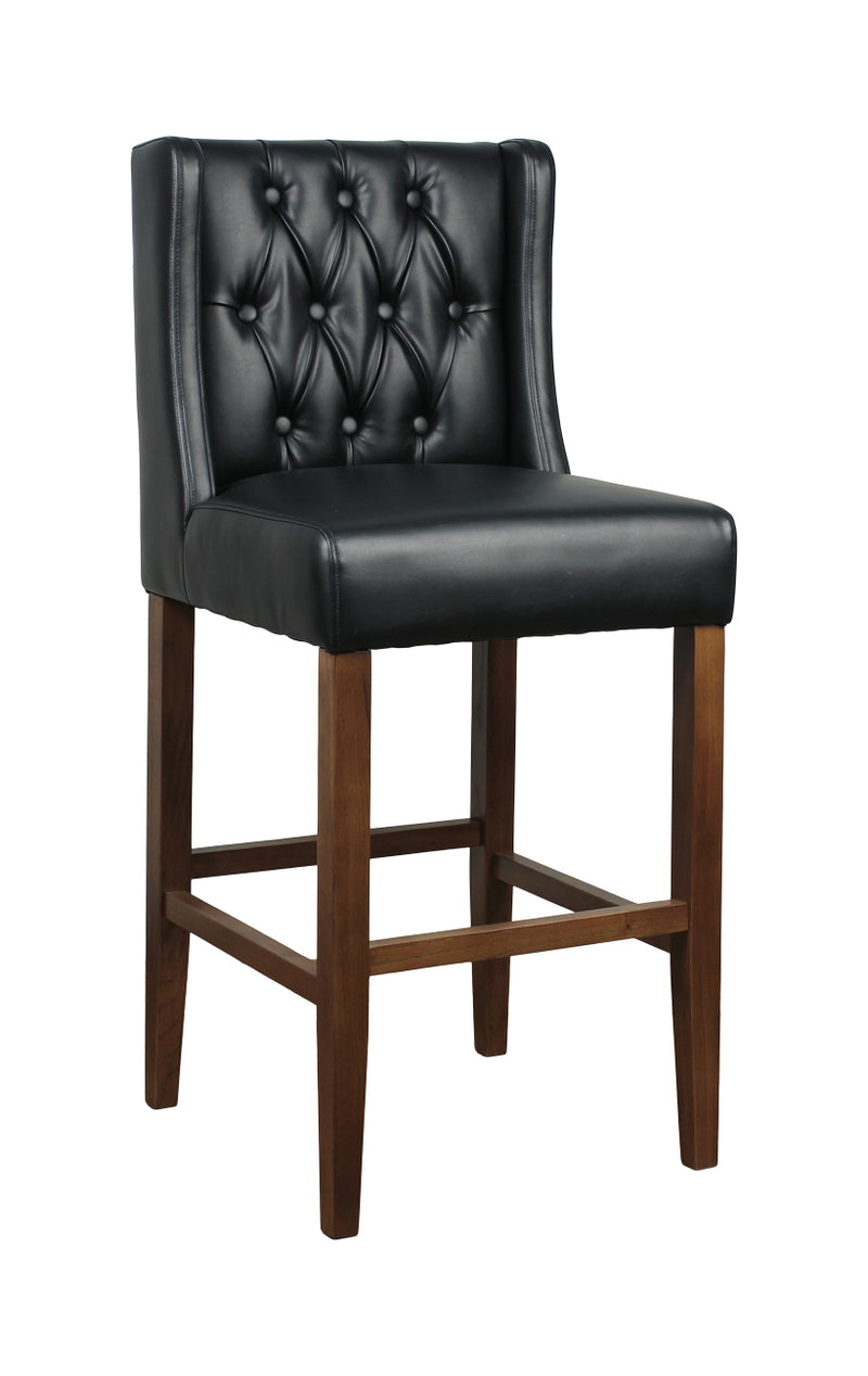 Indoor Tufted Back Oak Wood Barstool with Black Vinyl Seat