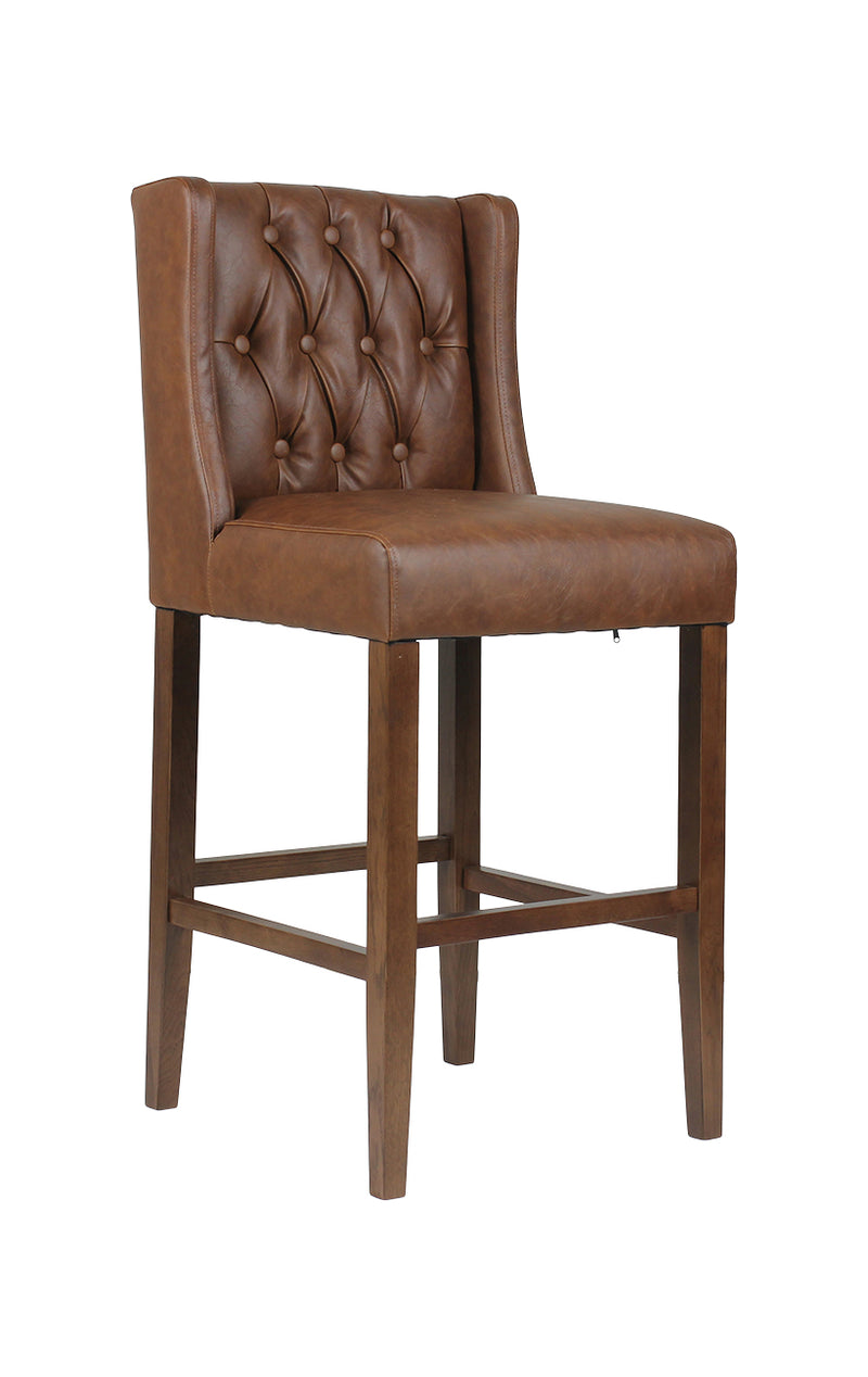 Indoor Tufted Back Oak Wood Barstool with Brown Vinyl Seat