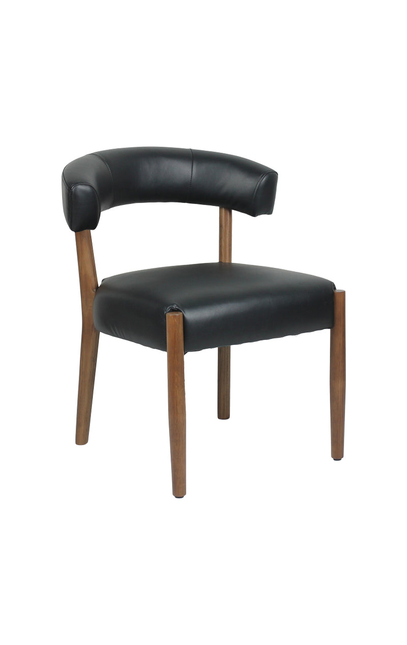 Contemporary Oak Wood Chair with Curved Backrest and Black Upholstered Seat for Indoor use