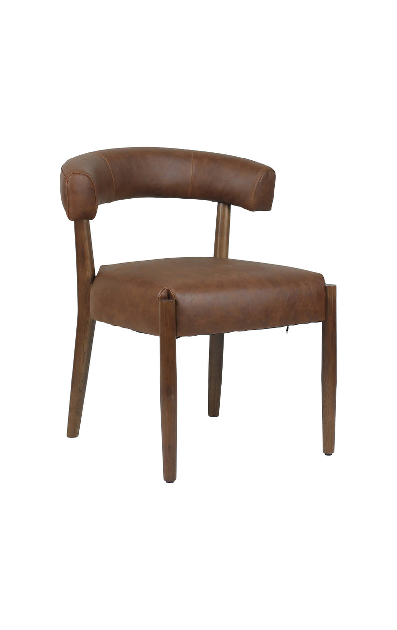 Contemporary Oak Wood Chair with Curved Backrest and Brown Upholstered Seat for Indoor use