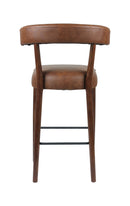 Contemporary Oak Wood Barstool with Curved Backrest and Brown Upholstered Seat for Indoor use