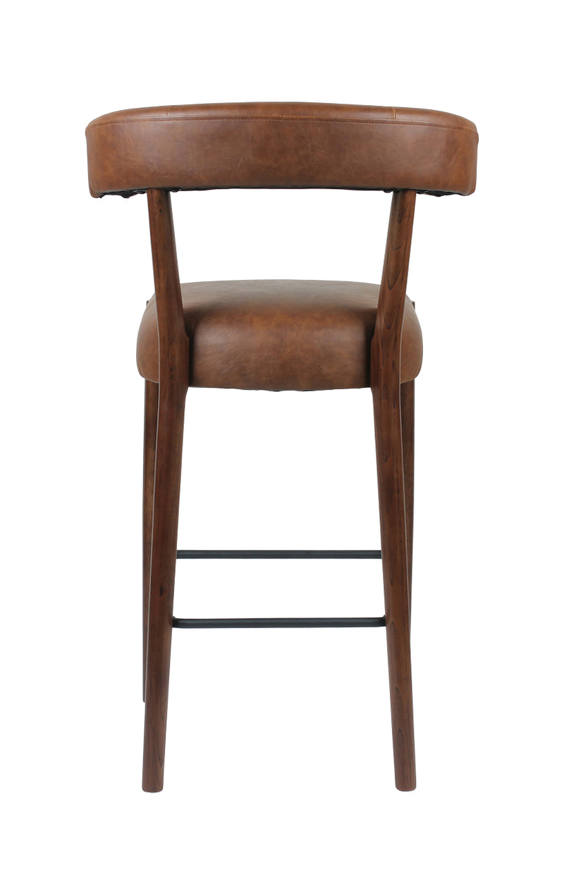 Contemporary Oak Wood Barstool with Curved Backrest and Brown Upholstered Seat for Indoor use