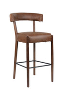 Contemporary Oak Wood Barstool with Curved Backrest and Brown Upholstered Seat for Indoor use