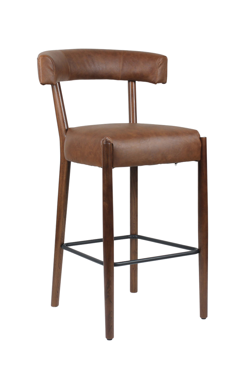 Contemporary Oak Wood Barstool with Curved Backrest and Brown Upholstered Seat for Indoor use