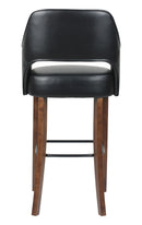 Indoor Walnut Oak Wood Barstool with Black Upholstered Seat and Curved Armrests