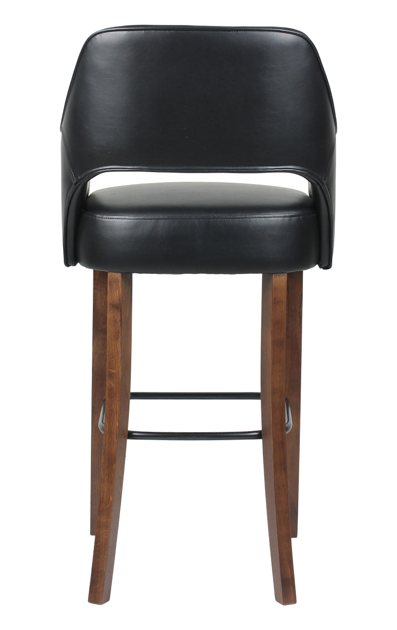 Indoor Walnut Oak Wood Barstool with Black Upholstered Seat and Curved Armrests