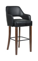 Indoor Walnut Oak Wood Barstool with Black Upholstered Seat and Curved Armrests
