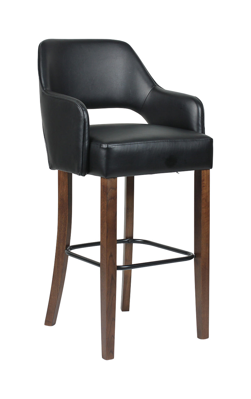 Indoor Walnut Oak Wood Barstool with Black Upholstered Seat and Curved Armrests