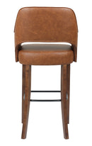 Indoor Walnut Oak Wood Barstool with Brown Upholstered Seat and Curved Armrests