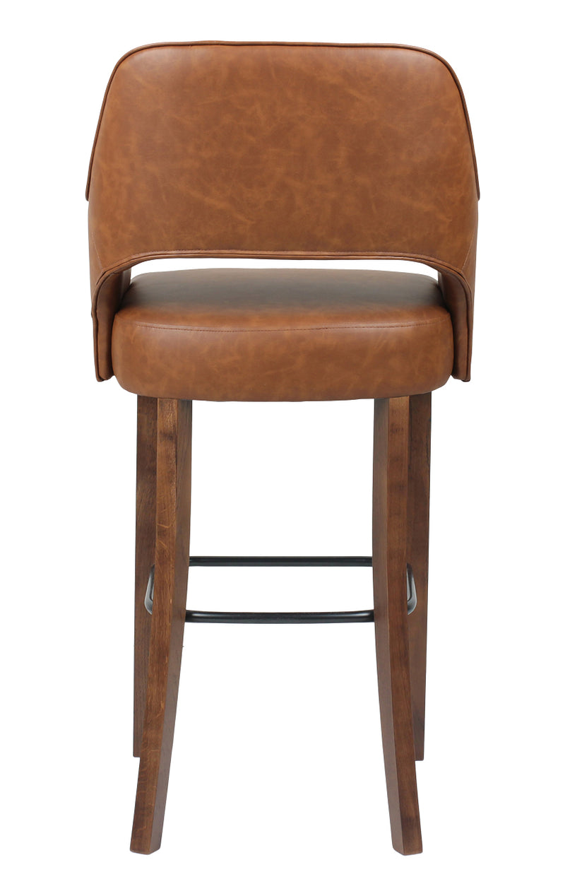 Indoor Walnut Oak Wood Barstool with Brown Upholstered Seat and Curved Armrests