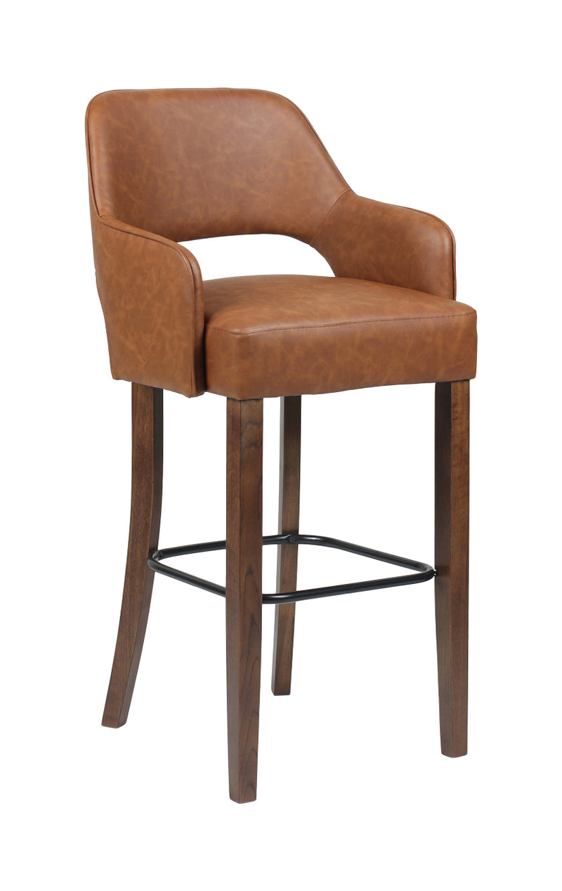 Indoor Walnut Oak Wood Barstool with Brown Upholstered Seat and Curved Armrests