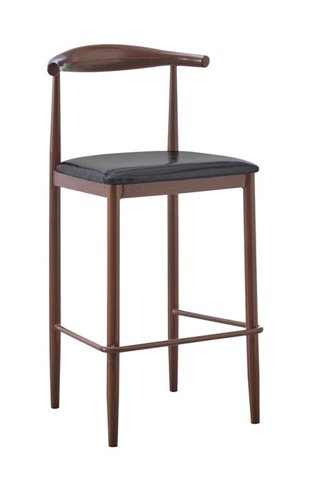 Walnut Wood Grain Metal Barstool with Black Vinyl Seat