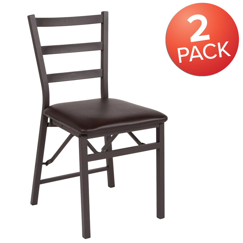 2 Pack HERCULES Series Brown Folding Ladder Back Metal Chair with Brown Vinyl Seat