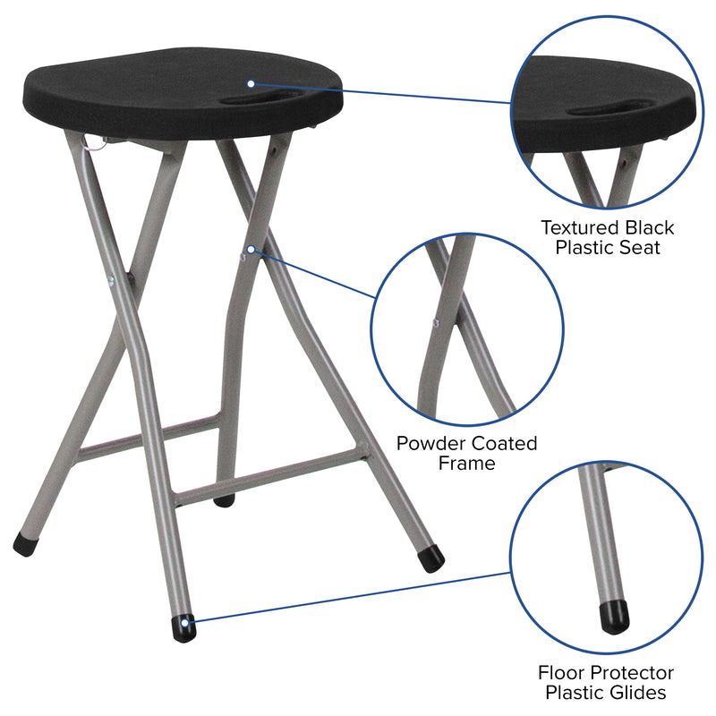 Micah 2 Pack Foldable Stool with Black Plastic Seat and Titanium Gray Frame